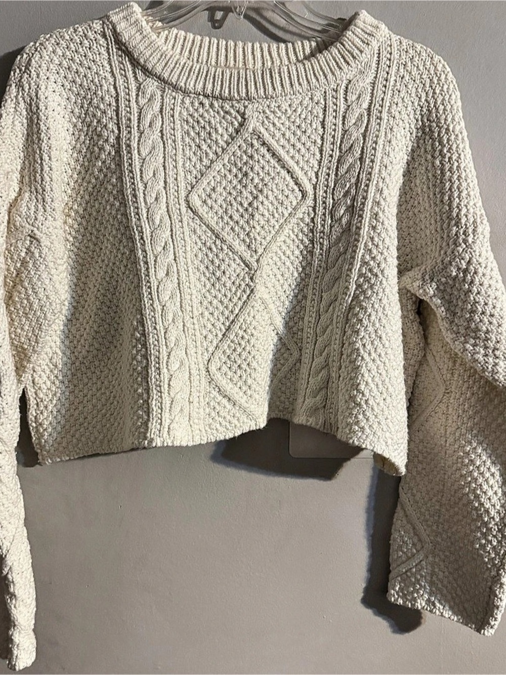 Alter’D State Womens Fisherman Cropped Cable Knit Sweater Ivory Coastal Size S